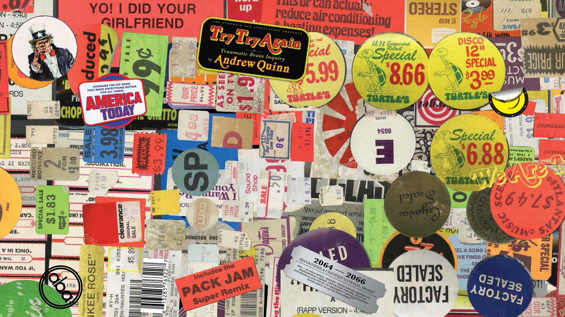 Collage of various colorful stickers with different text and graphics on a multicolored background.