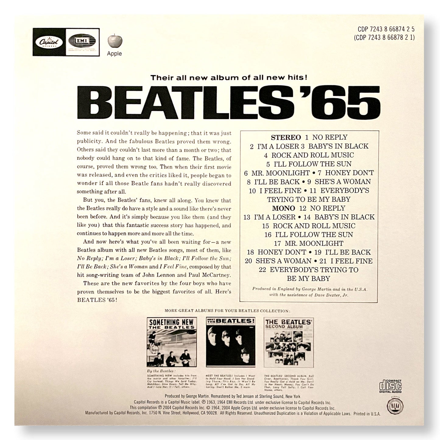 The Beatles, "Beatles '65"  12 x 12" Original Double-sided promotional flat