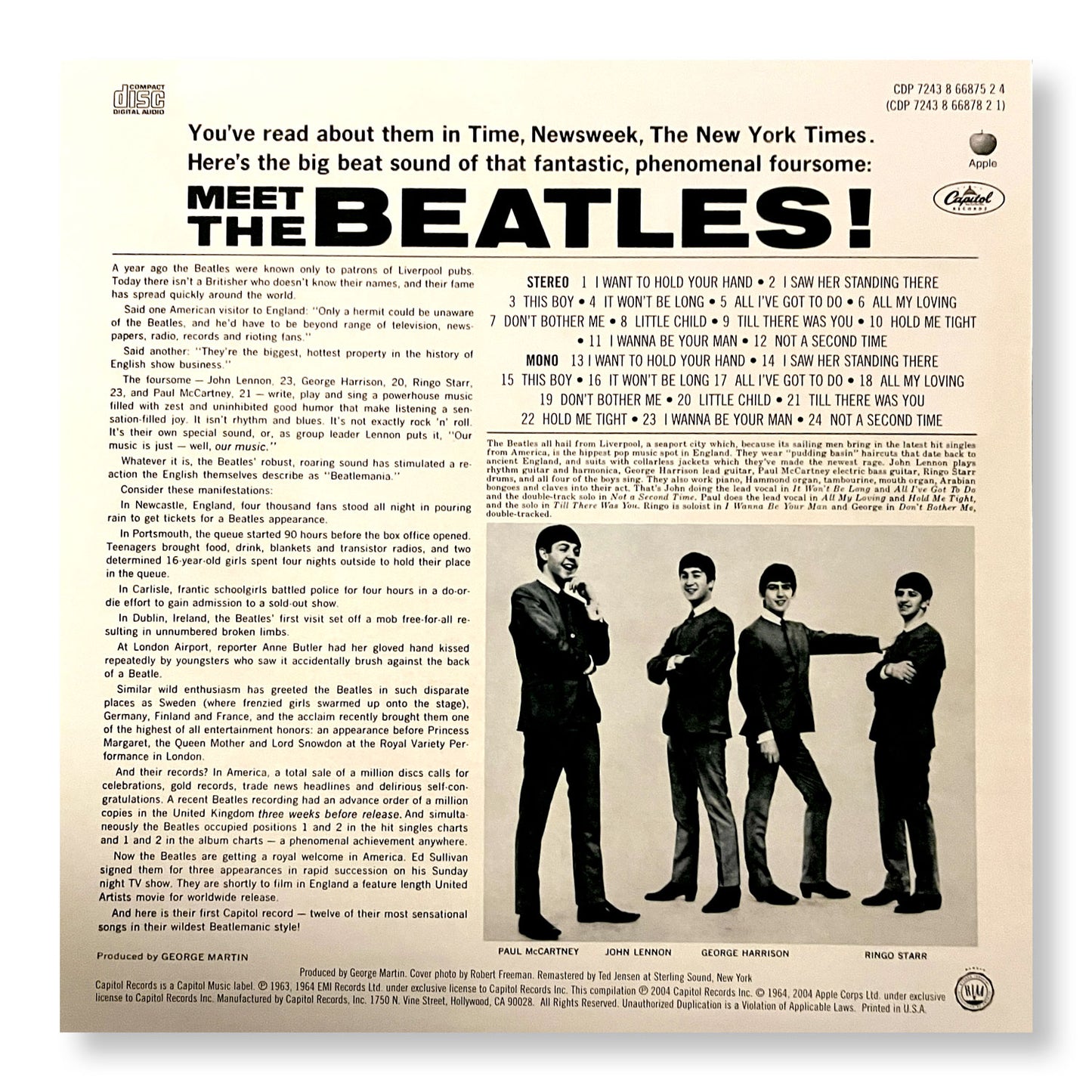 The Beatles, "Meet The Beatles"  12 x 12" Original Double-sided promotional flat